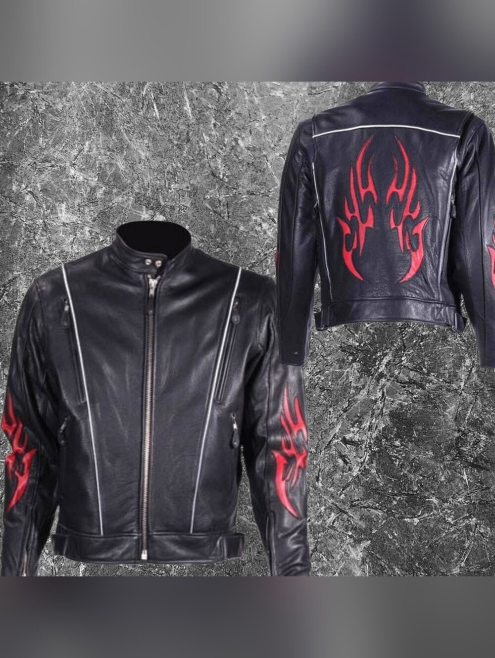American Vintage Black Leather Bomber Jacket with Red Flame Details